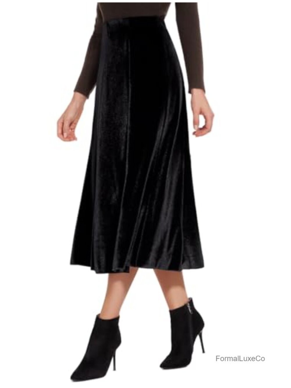 Elegant Velvet Midi Skirt 8-Panel Flowy High Waist Pull-On A-Line